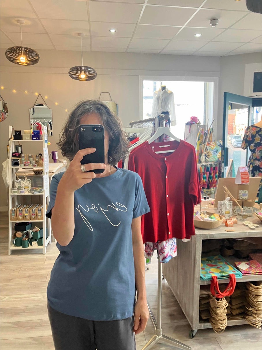 Fransa Enjoy tee in bering sea with white script