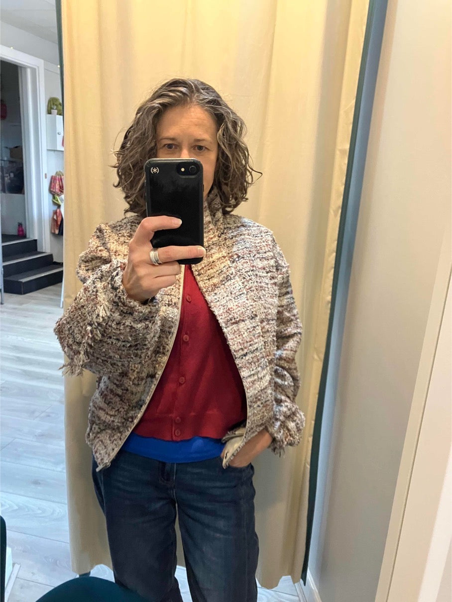 Yaya boucle jacket with fringes in blush pink