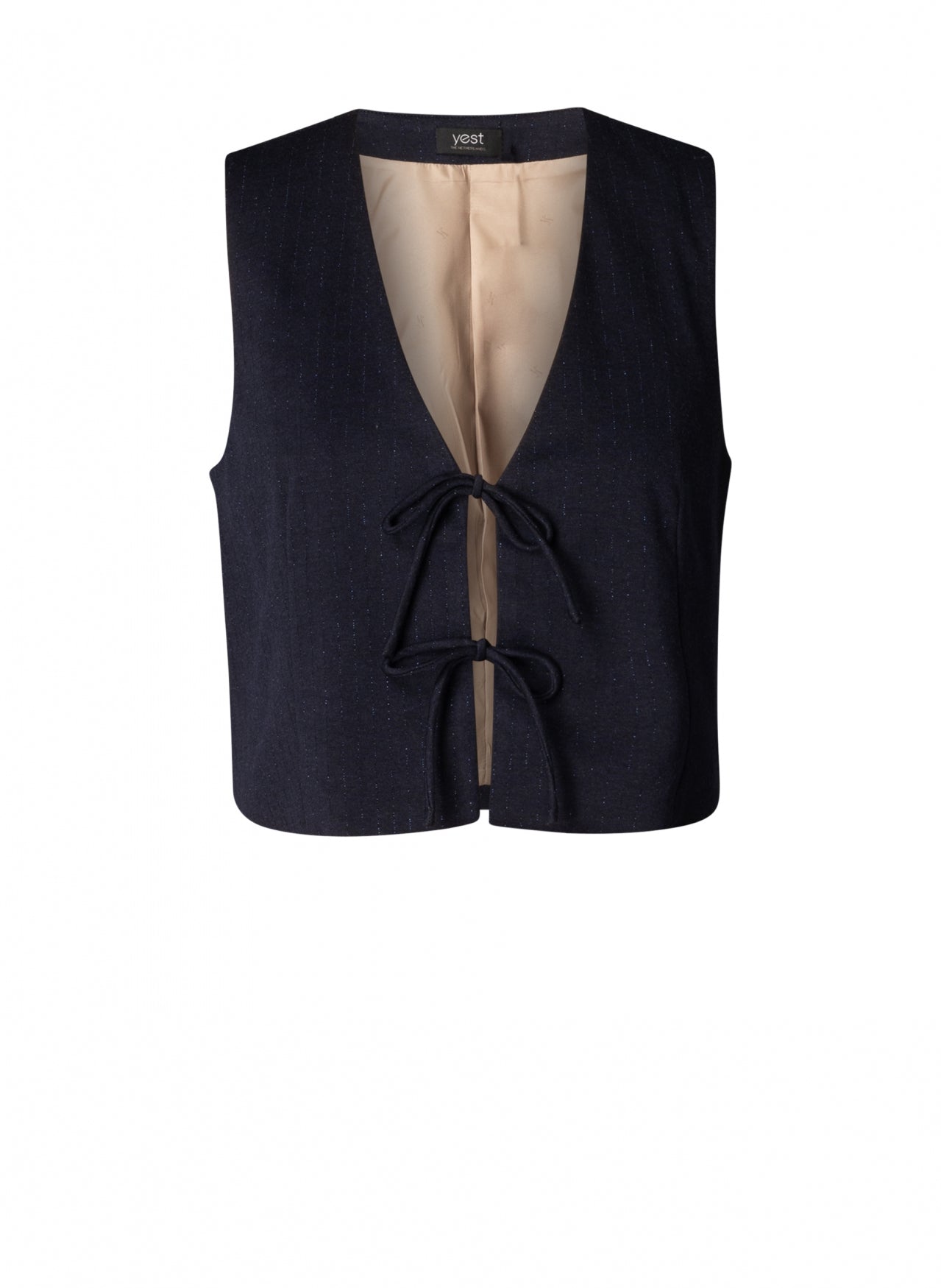 Yest Babette vest in dark navy with tie close