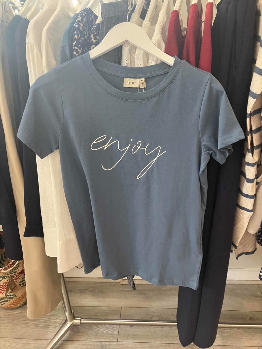 Fransa Enjoy tee in bering sea with white script