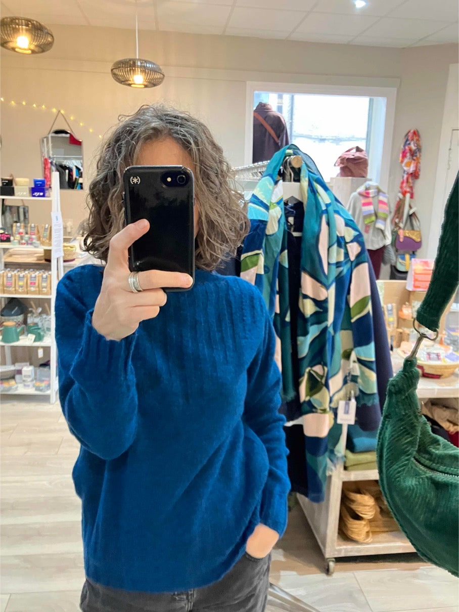 Paz Torras petrol blue with funnel neck and rib