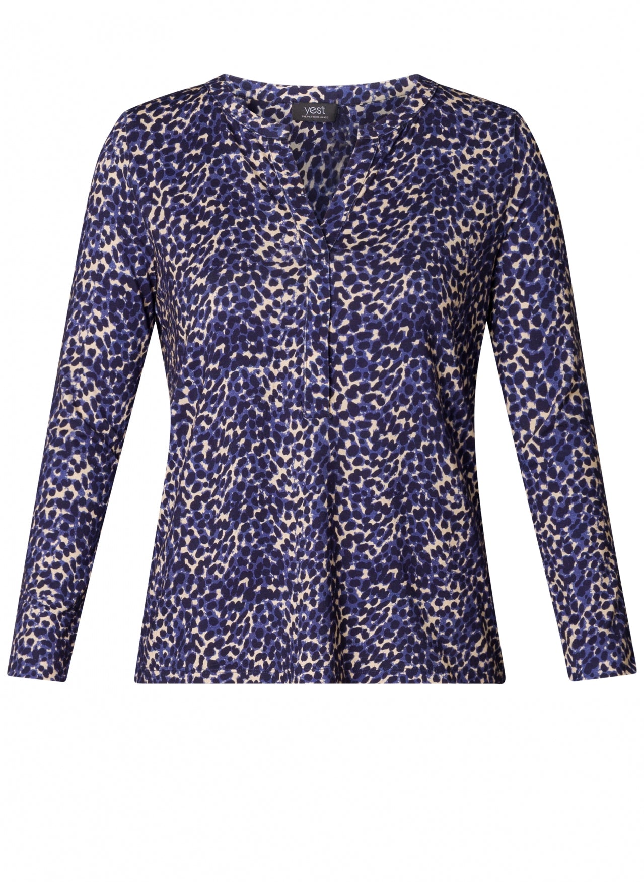Blue, navy and fawn patterned long-sleeve top with notch neckline