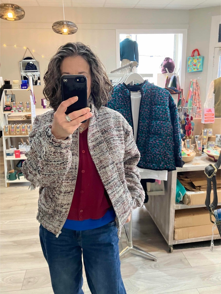 Yaya boucle jacket with fringes in blush pink