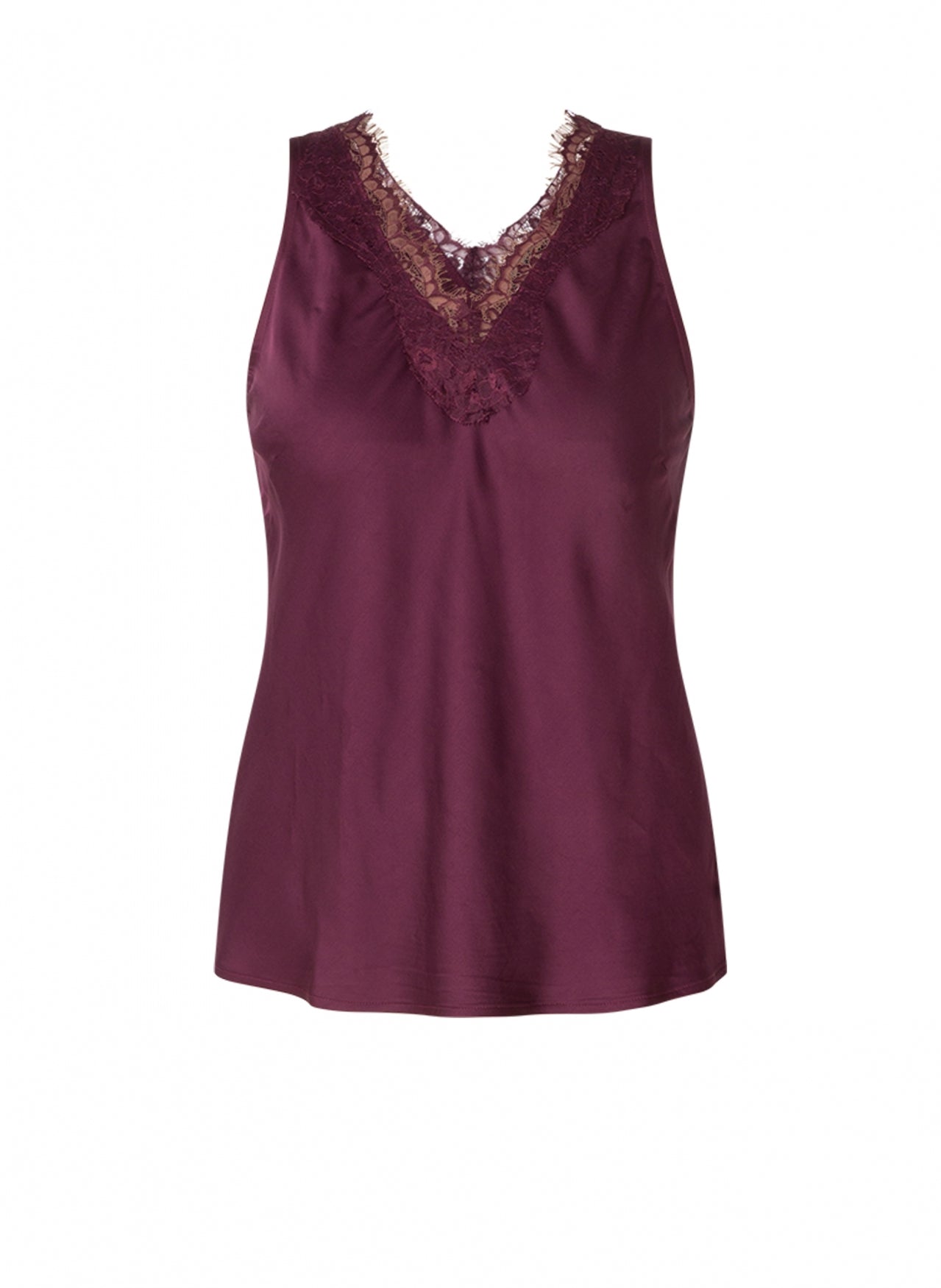 Wine coloured slinky vest top with lace trim