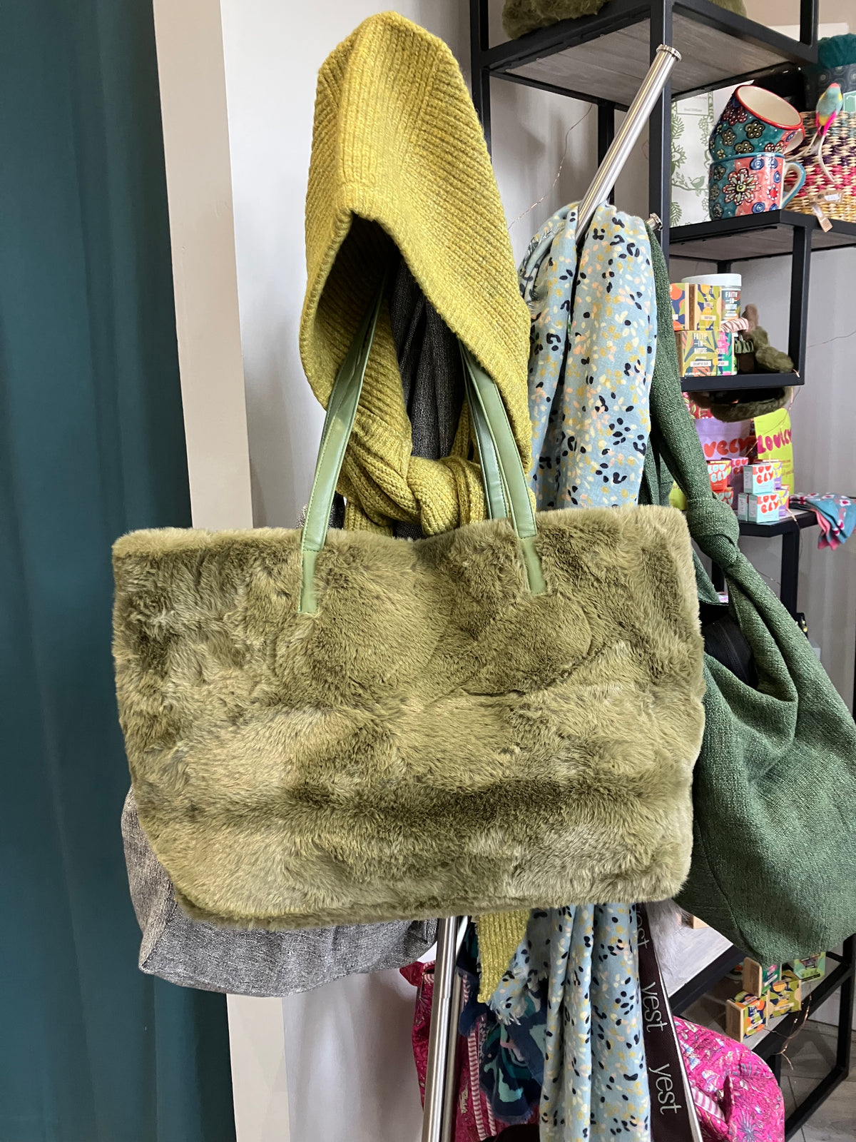POM Natalia khaki faux fur bag