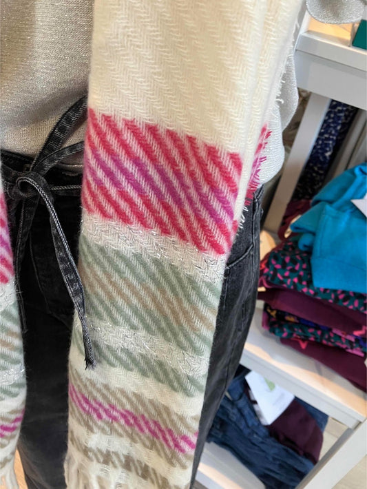POM Cream, grey and pink twill striped scarf