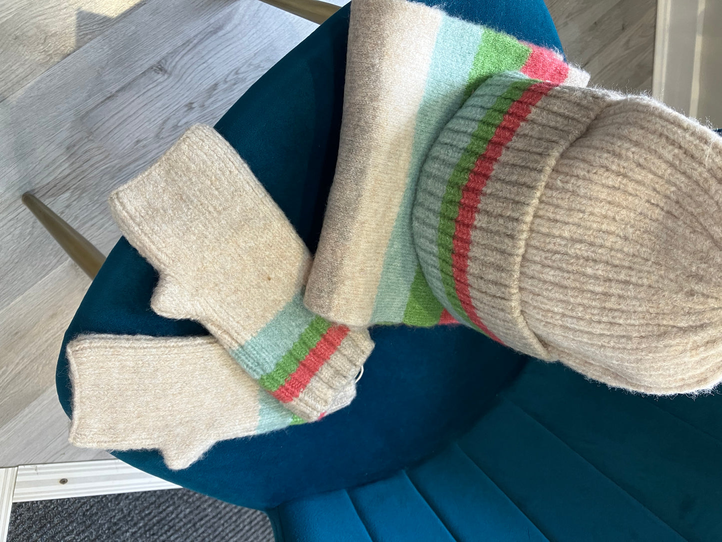 POM Beige red and green rainbow turn up knitted winter hat