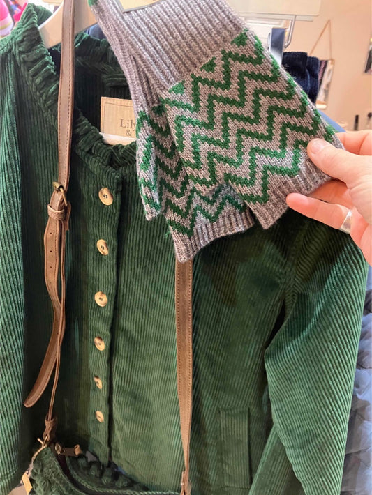 Jess & Lou green and grey herringbone wrist warmers