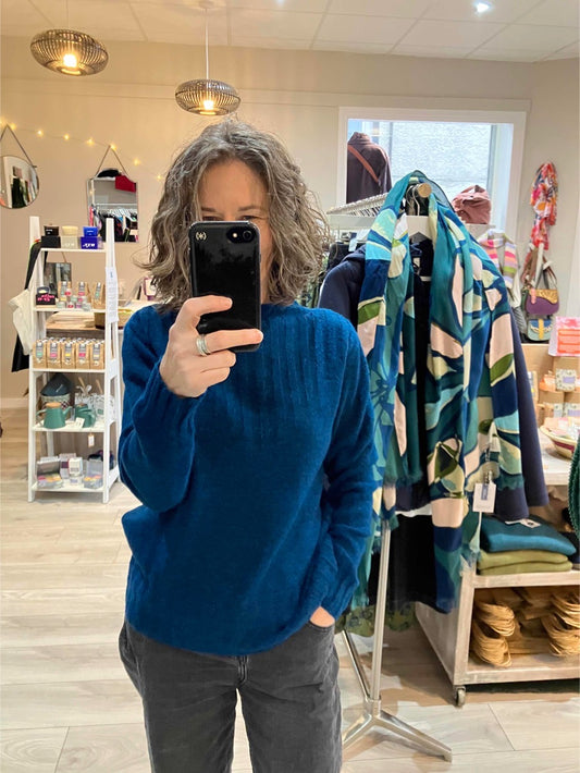 Paz Torras petrol blue with funnel neck and rib