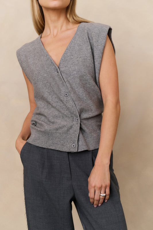 Yaya medium grey melange vest knit with button twist detail