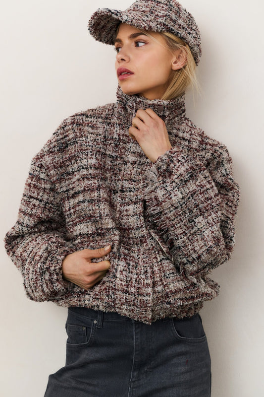 Yaya boucle jacket with fringes in blush pink