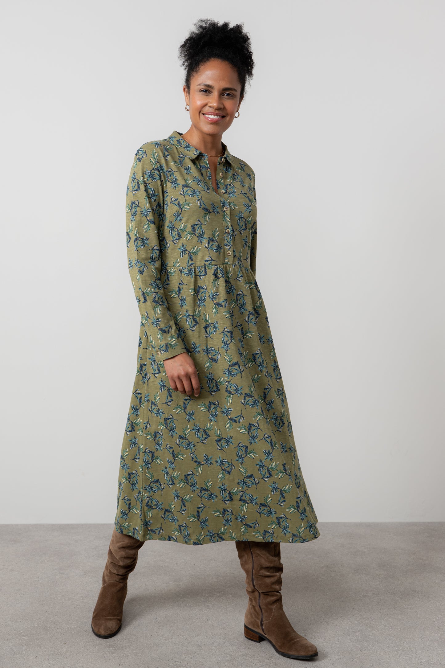Lily & Me Seasons dress in foliage green pattern