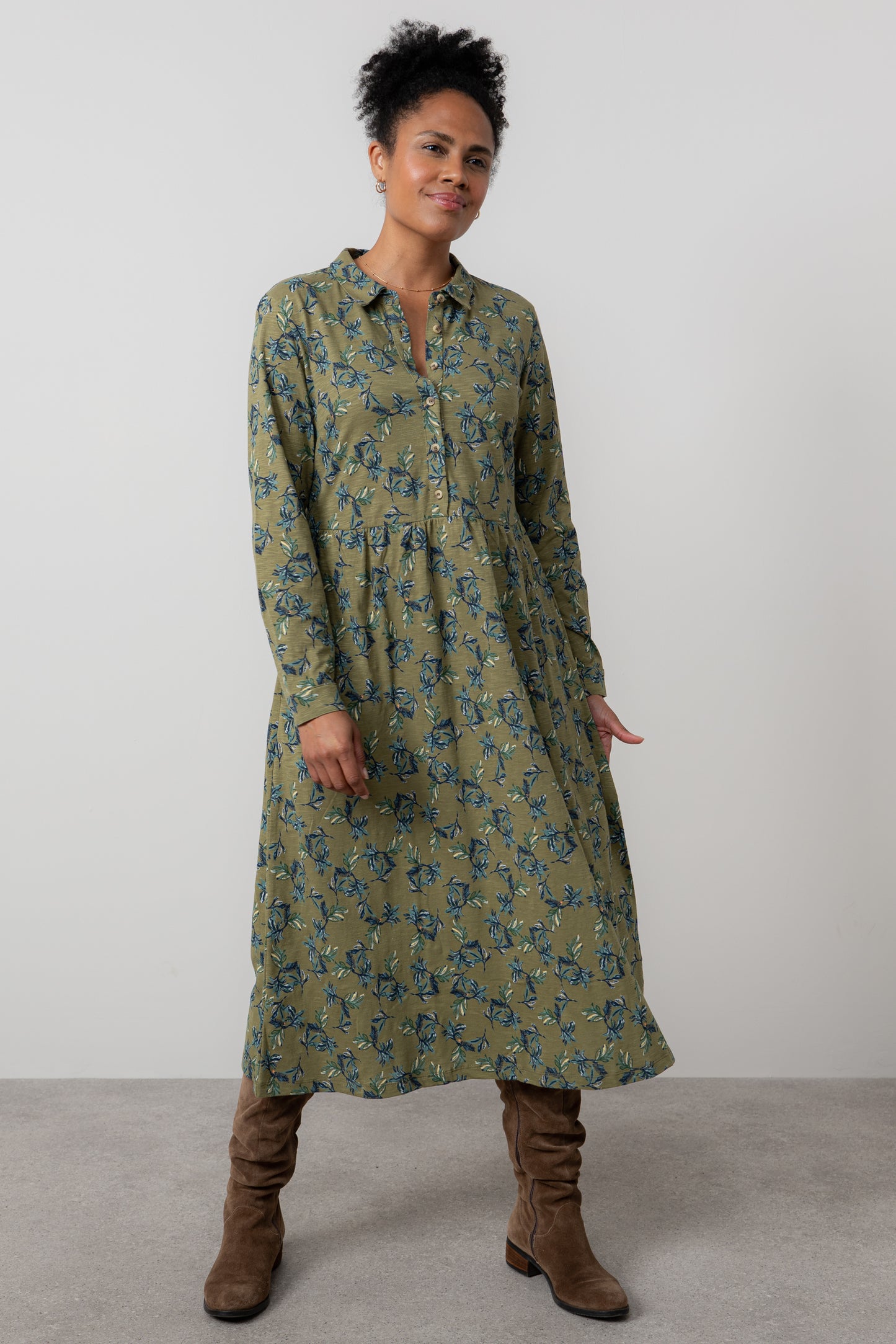 Lily & Me Seasons dress in foliage green pattern