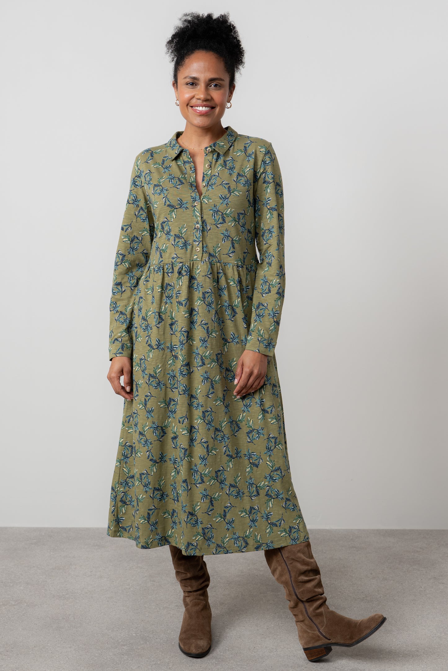 Lily & Me Seasons dress in foliage green pattern