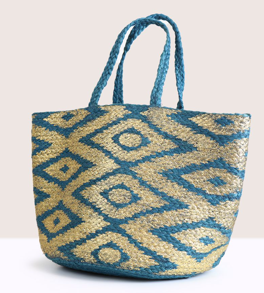 POM dusky blue jute beach bag with gold over print