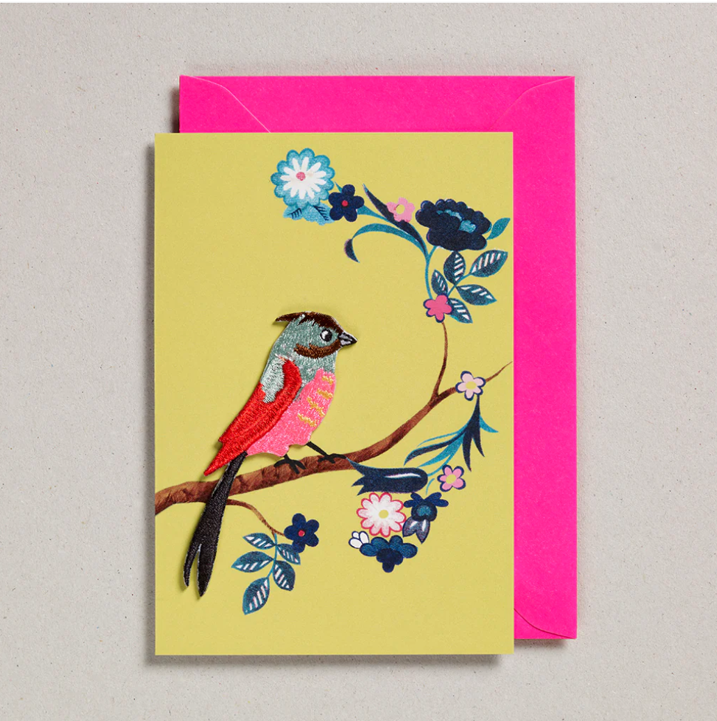 Petra Boase embroidered bird keepsake with yellow background