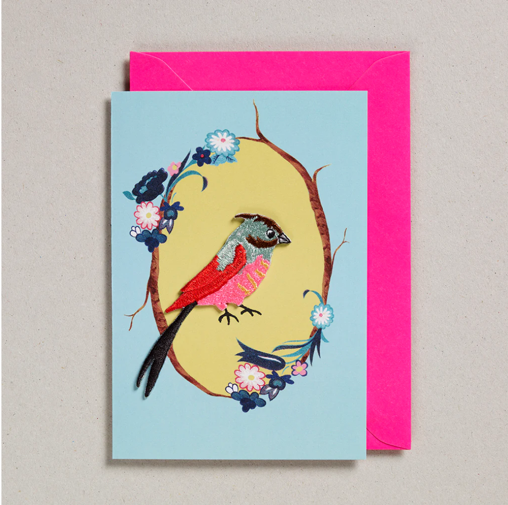 Petra Boase blue & yellow embroidered card with bird keepsake