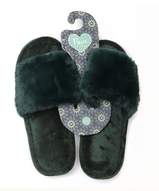 Pom green fluffy mule slippers