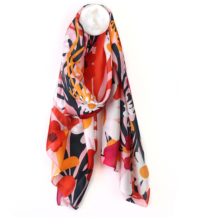 POM vibrant red and orange poppies and daisies scarf