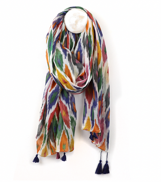 POM Ikat print organic scarf with tassels