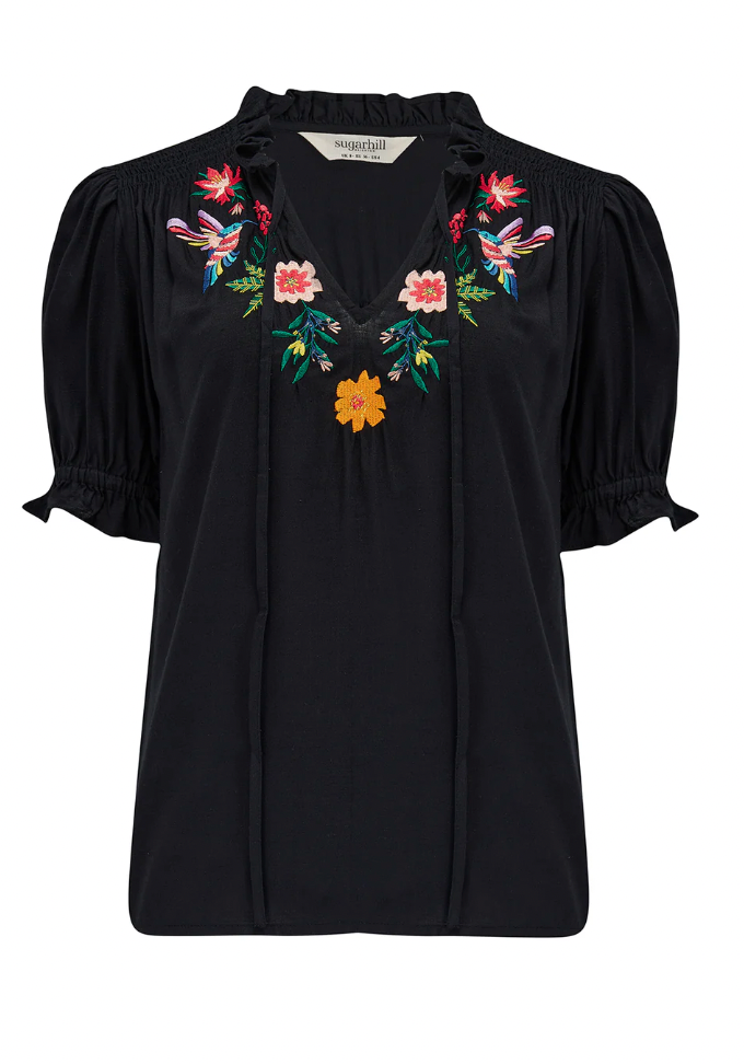 Sugarhill Brighton Angelique shirred top black tropical