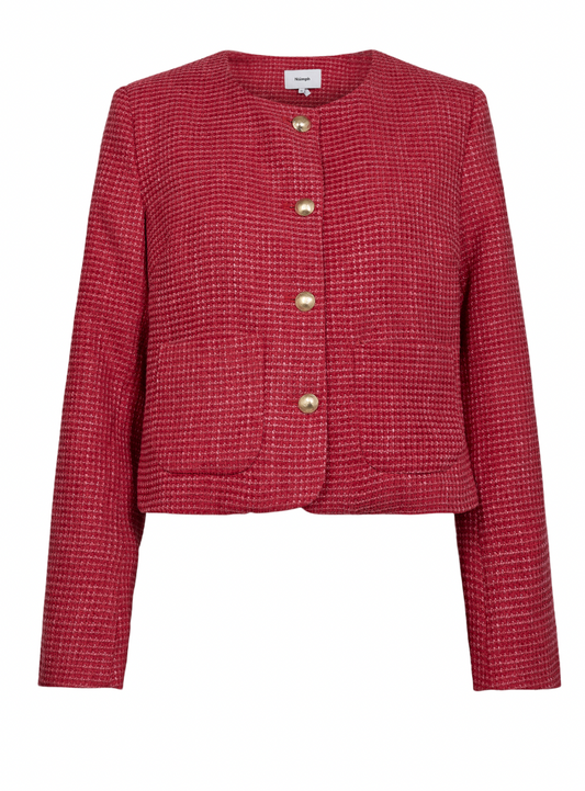 Red textured jacket with gold buttons on a white background