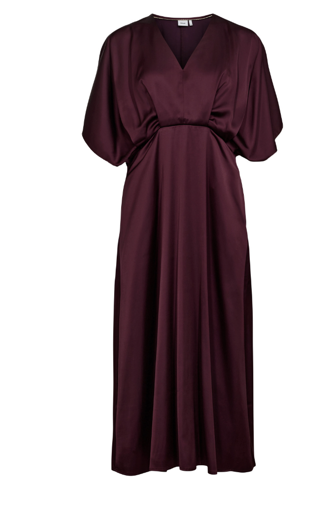 Dark wine v neck evening dress on a white background