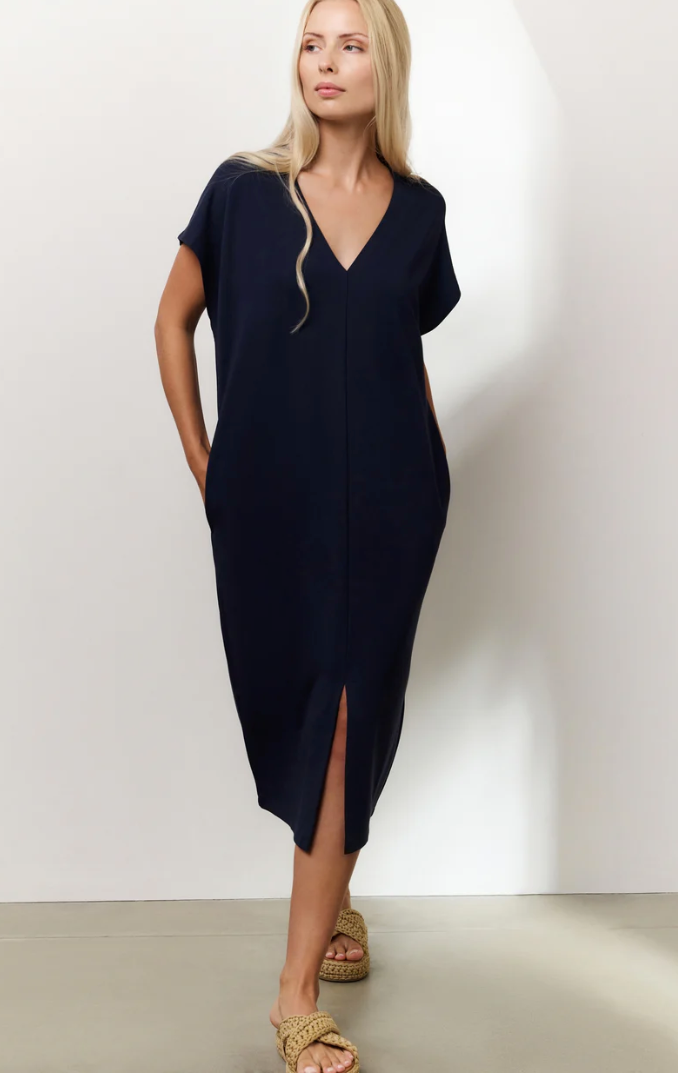 Yaya v neck, sleeveless dress with front slit in total eclipse