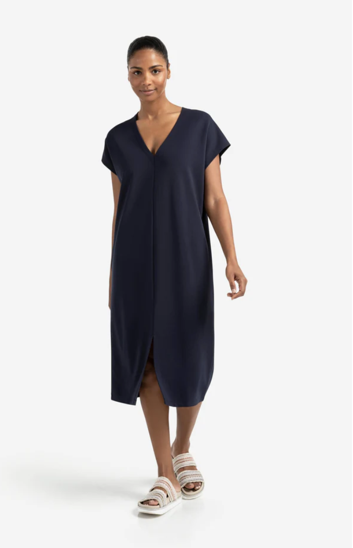 Yaya v neck, sleeveless dress with front slit in total eclipse