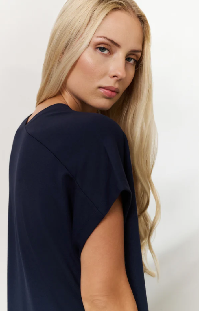Yaya v neck, sleeveless dress with front slit in total eclipse