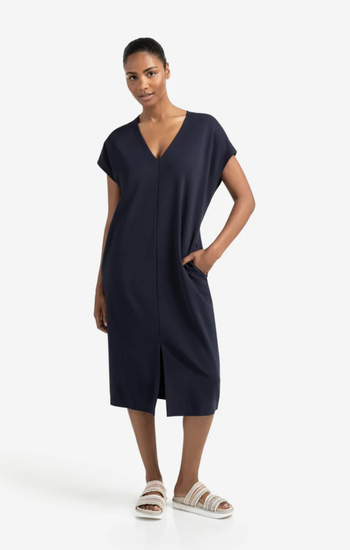 Yaya v neck, sleeveless dress with front slit in total eclipse
