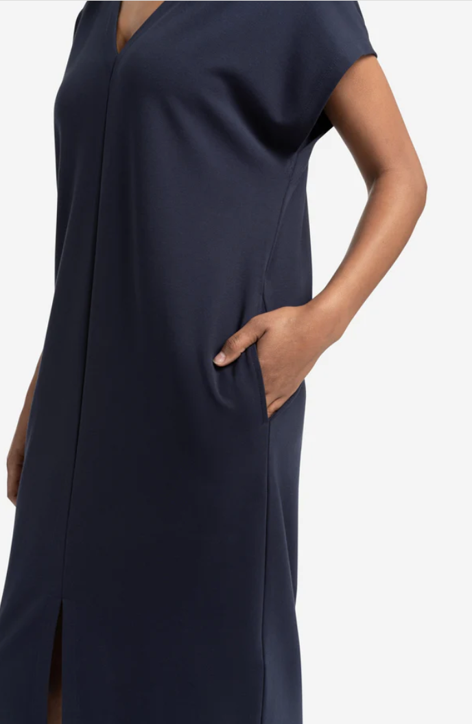 Yaya v neck, sleeveless dress with front slit in total eclipse