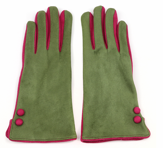 POM Olive & Fuchsia pink contrast faux suede gloves