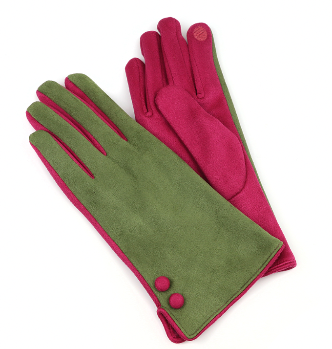 POM Olive & Fuchsia pink contrast faux suede gloves
