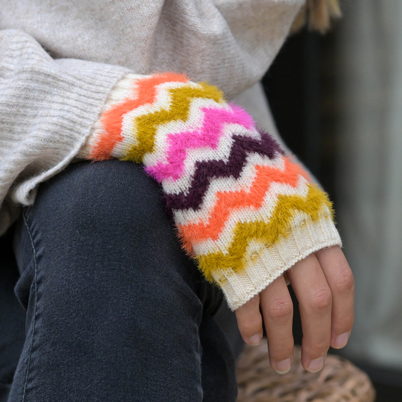 POM Autumnal bright chevron wrist warmers