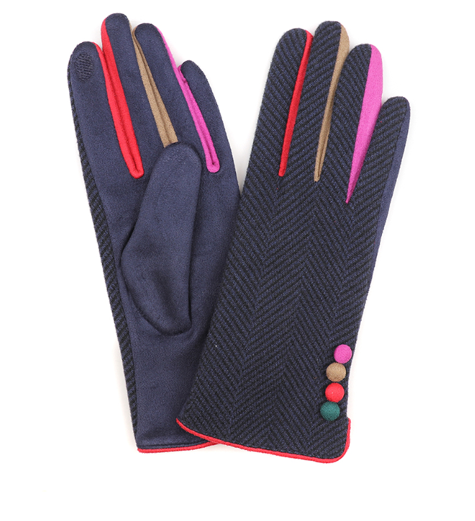 POM Faux suede navy button gloves