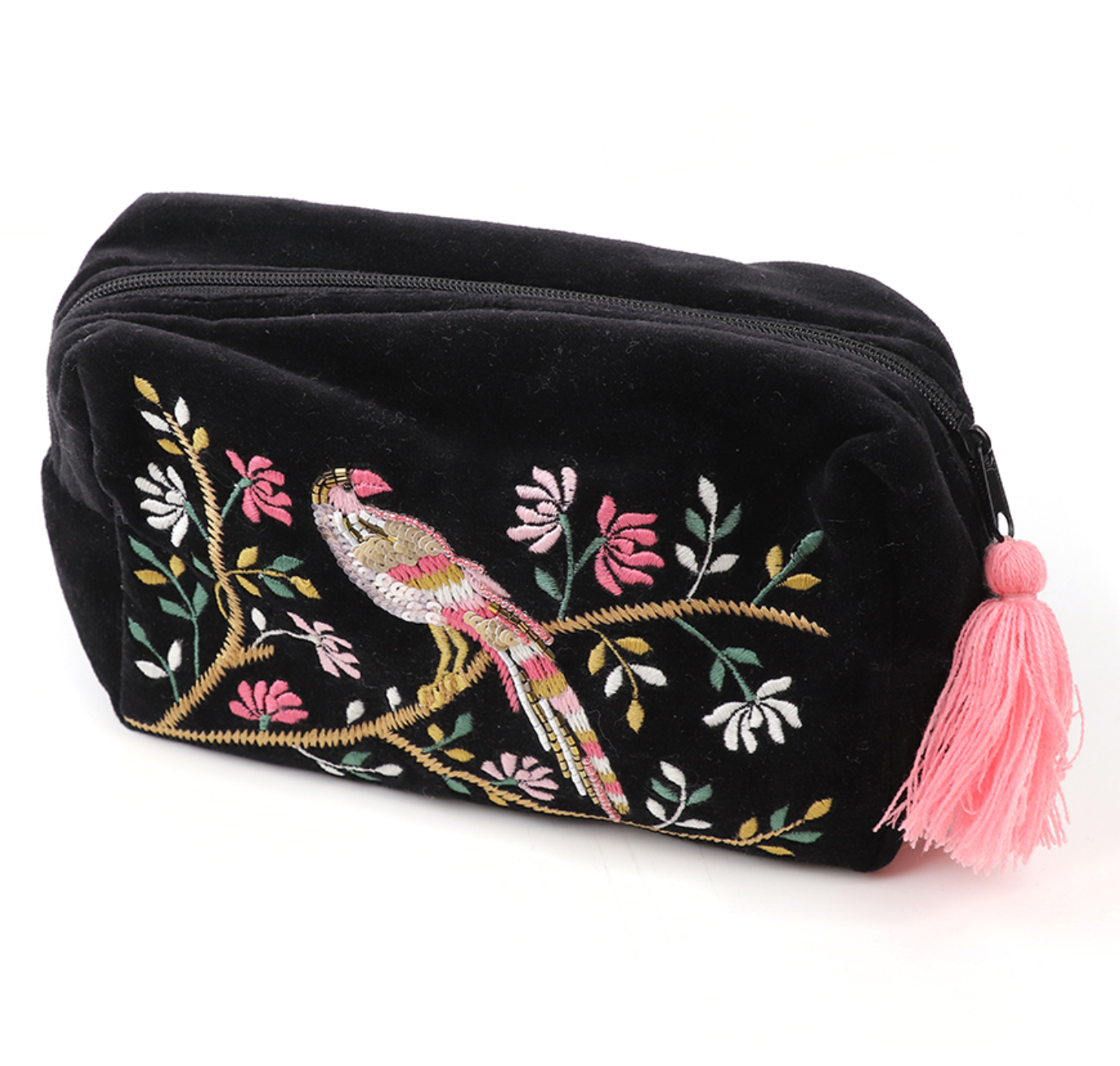 Black pouch with bird and floral embroidery and a pink tassel on a white background