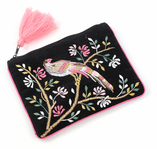 Embroidered pouch with a bird design on a black background