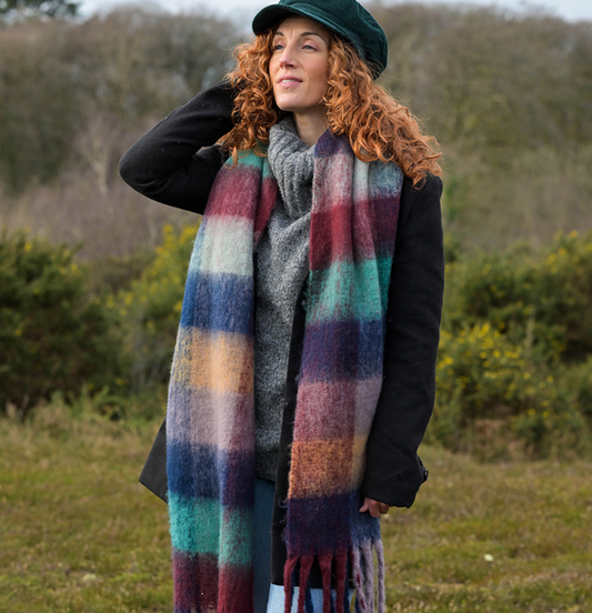 POM Blue & Burgundy fluffy winter scarf