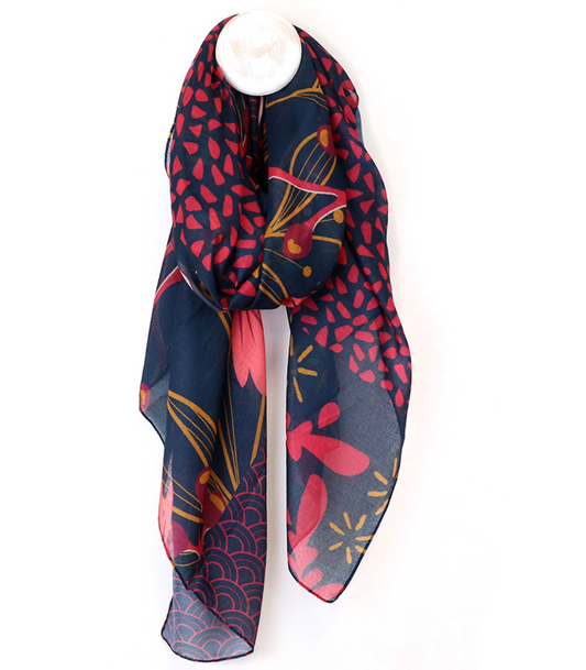 POM Navy and Red foliage recycled scarf