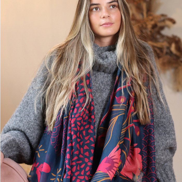 POM Navy and Red foliage recycled scarf