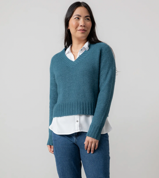Lily & Me Woodchester sweater in petrol blue