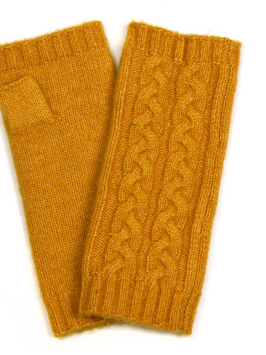 Pom Mustard cable knit, fingerless gloves