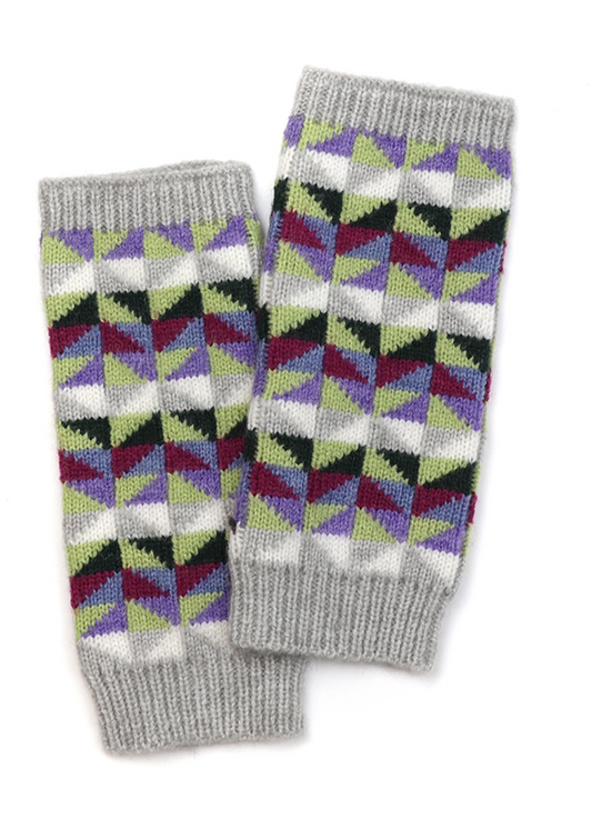 POM Wool blend geometric grey and purple wrist warmers
