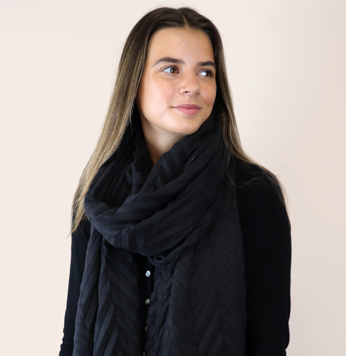 POM Dark charcoal fringed, recycled scarf