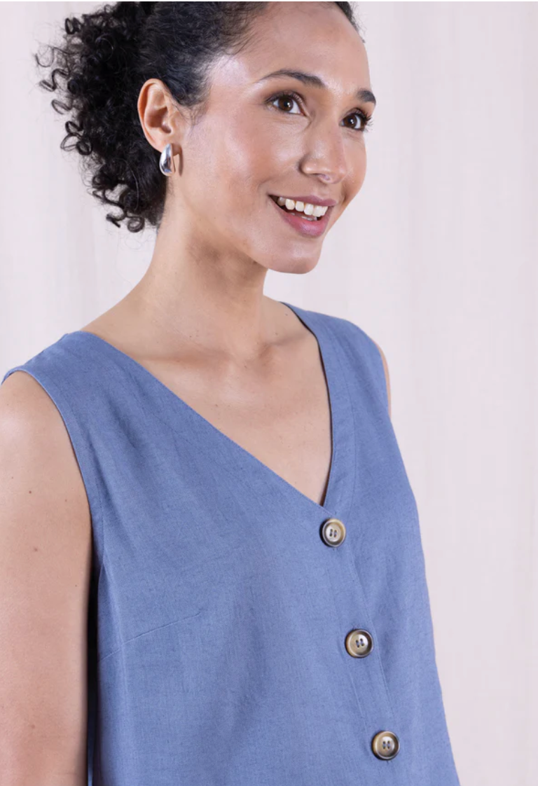 Nomads Linen blend button through top in cornflower