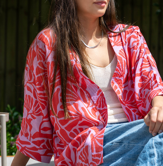 POM Coral and lilac floral print kimono