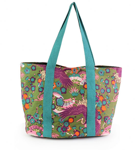 POM Khaki and purple bird of paradise beach bag