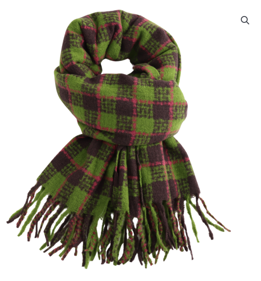 Lua green checked scarf with aubergine and pink accent tones