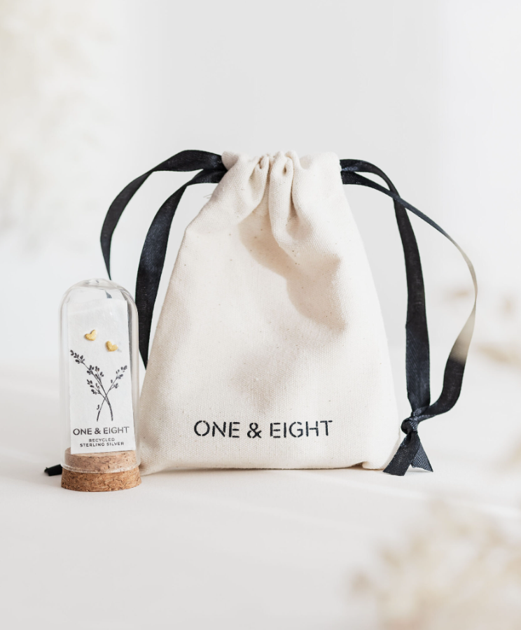 One & Eight seed card studs - gold brushed hearts